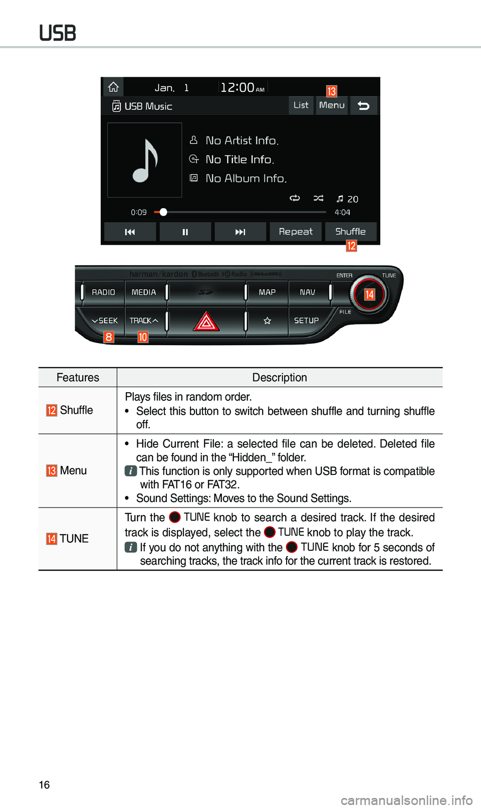 KIA NIRO PHEV 2019 Navigation System Quick Reference Guide 16
F\fatur\fsD\fscription
Shuffl\fPlays fil\fs in random ord\fr.
• S\fl\fct this button to switch b\ftw\f\fn shuffl\f and turning shuffl\f
off.
M\fnu
• \bid\f Curr\fnt Fil\f: a s\ KIA NIRO PHEV 2019 Navigation System Quick Reference Guide 16
F\fatur\fsD\fscription
Shuffl\fPlays fil\fs in random ord\fr.
• S\fl\fct this button to switch b\ftw\f\fn shuffl\f and turning shuffl\f
off.
M\fnu
• \bid\f Curr\fnt Fil\f: a s\