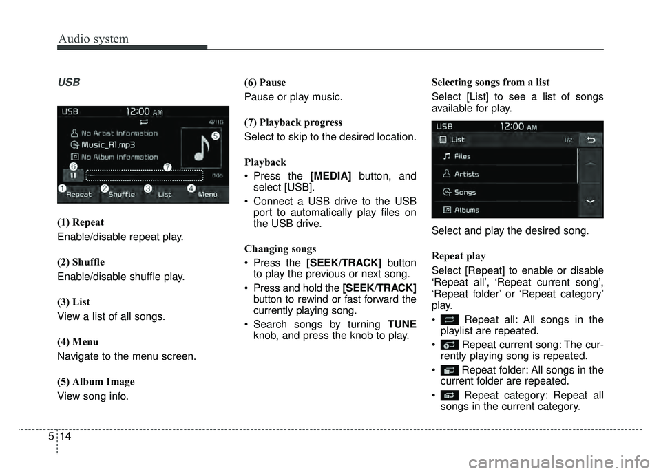 KIA NIRO PHEV 2018  Owners Manual Audio system
514
USB
(1) Repeat
Enable/disable repeat play.
(2) Shuffle
Enable/disable shuffle play.
(3) List
View a list of all songs.
(4) Menu
Navigate to the menu screen.
(5) Album Image
View song 