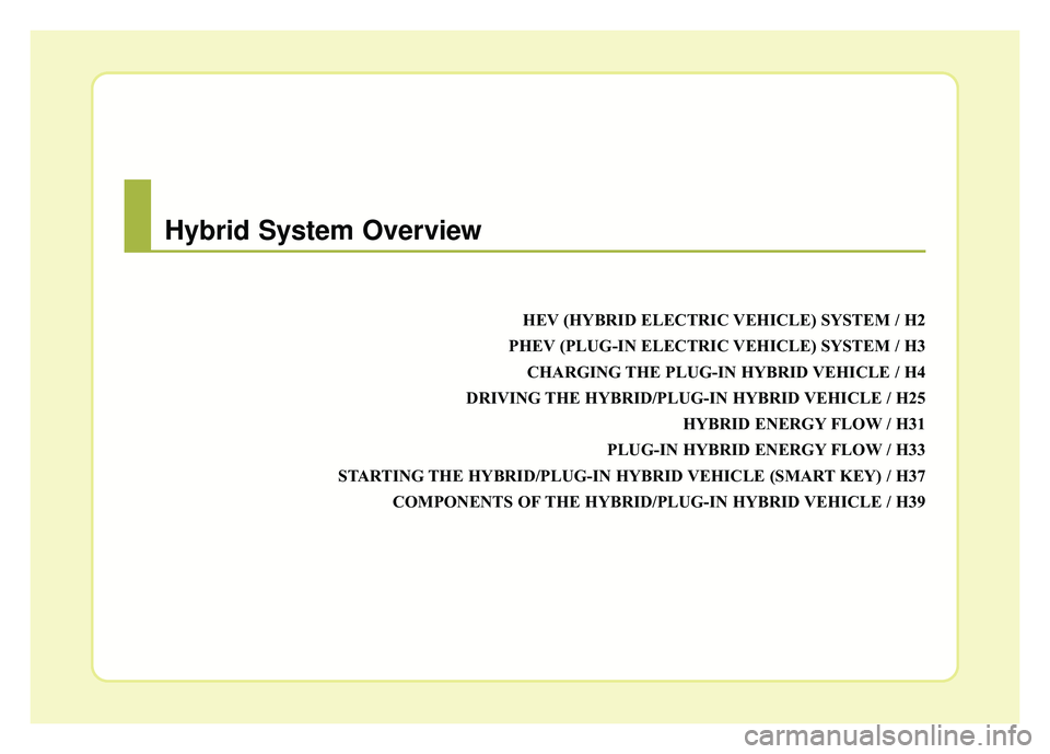 KIA NIRO PHEV 2018 Owners Manual HEV (HYBRID ELECTRIC VEHICLE) SYSTEM / H2
PHEV (PLUG-IN ELECTRIC VEHICLE) SYSTEM / H3 CHARGING THE PLUG-IN HYBRID VEHICLE / H4
DRIVING THE HYBRID/PLUG-IN HYBRID VEHICLE / H25 HYBRID ENERGY FLOW / H31
KIA NIRO PHEV 2018 Owners Manual HEV (HYBRID ELECTRIC VEHICLE) SYSTEM / H2
PHEV (PLUG-IN ELECTRIC VEHICLE) SYSTEM / H3 CHARGING THE PLUG-IN HYBRID VEHICLE / H4
DRIVING THE HYBRID/PLUG-IN HYBRID VEHICLE / H25 HYBRID ENERGY FLOW / H31