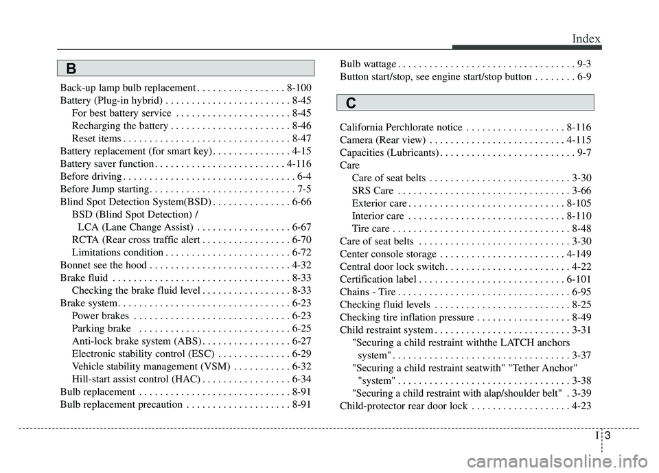 KIA NIRO PHEV 2018 Owners Manual I3
Index
Back-up lamp bulb replacement . . . . . . . . . . . . . . . . . 8-100
Battery (Plug-in hybrid) . . . . . . . . . . . . . . . . . . . . . . . . 8-45For best battery service . . . . . . . . . . KIA NIRO PHEV 2018 Owners Manual I3
Index
Back-up lamp bulb replacement . . . . . . . . . . . . . . . . . 8-100
Battery (Plug-in hybrid) . . . . . . . . . . . . . . . . . . . . . . . . 8-45For best battery service . . . . . . . . . .