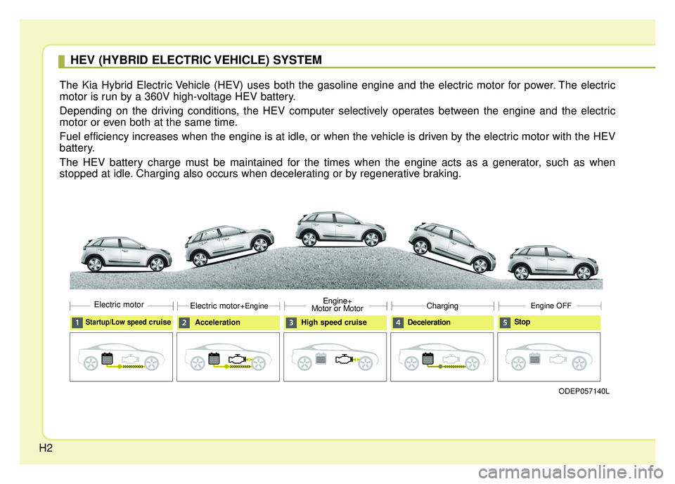 KIA NIRO PHEV 2018  Owners Manual H2
HEV (HYBRID ELECTRIC VEHICLE) SYSTEM
The Kia Hybrid Electric Vehicle (HEV) uses both the gasoline engine and the electric motor for power. The electric
motor is run by a 360V high-voltage HEV batte