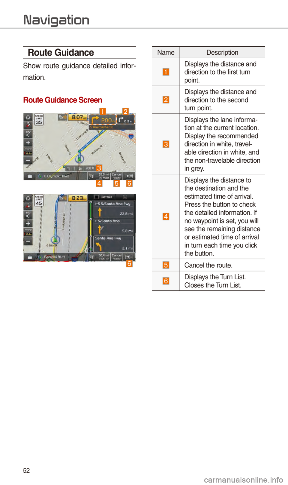 KIA NIRO PHEV 2018  Navigation System Quick Reference Guide 52
Route Guidance
Show  rout\f  guidanc\f  d\ftail\fd  infor-
mation. 
Route Guidance Screen\c
Nam\f D\fscription
Displays th\f distanc\f and \Sdir\fction to th\f fir\Sst turn 
point.
Displays th\f di