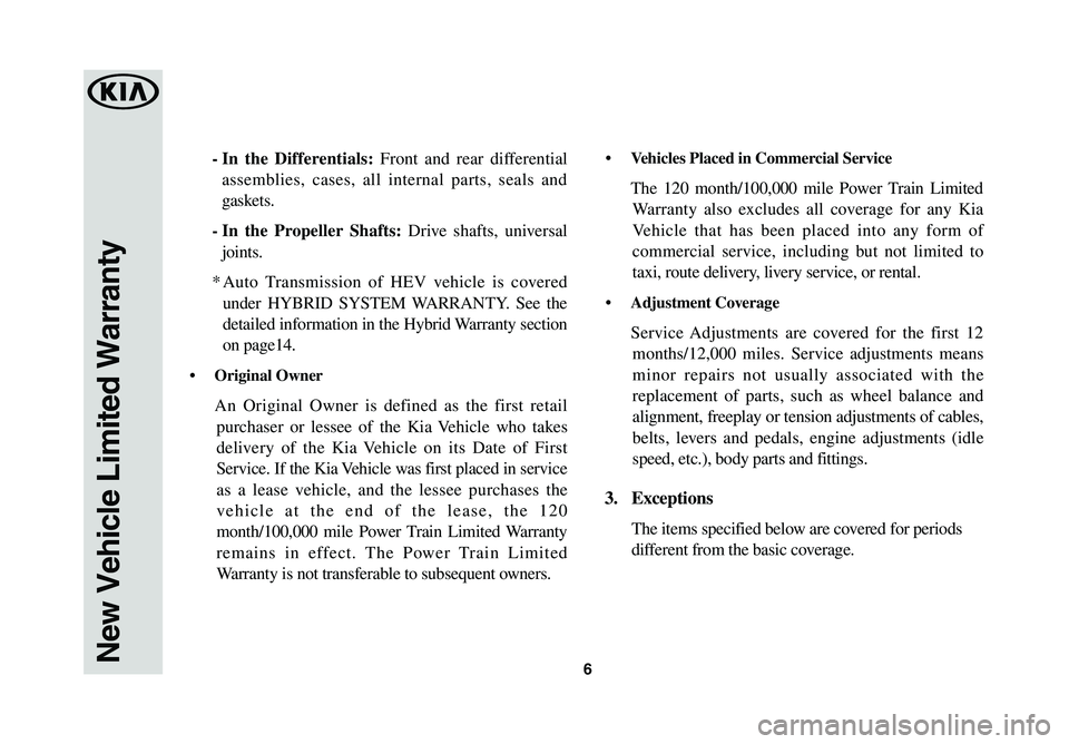 KIA NIRO PHEV 2018  Warranty and Consumer Information Guide 6
-    In  the  Differentials: Front and rear differential 
assemblies, cases, all internal parts, seals and 
gaskets.
-     In  the  Propeller  Shafts: Drive shafts, universal 
joints.
*   Auto Trans