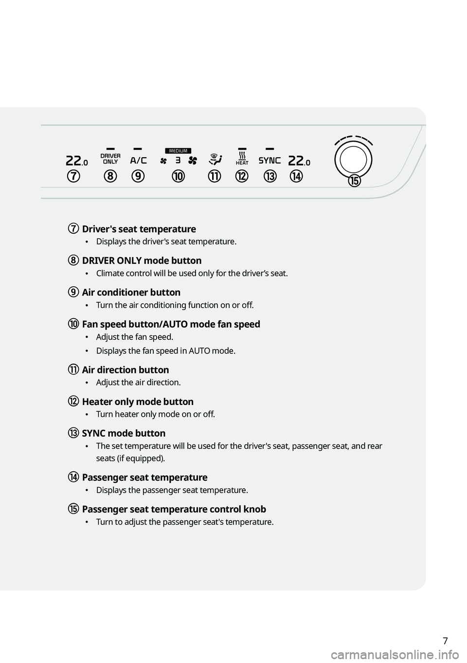 KIA NIRO EV 2023  Navigation System Quick Reference Guide 7
g g Driver's seat temperature
 •Displays the driver's seat temperature.
h h DRIVER ONLY  mode button
 •
Climate control will be used only for the driver’s seat.
i i Air conditioner but