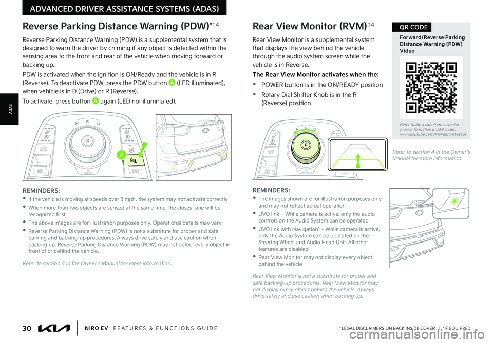 KIA NIRO EV 2022 Features and Functions Guide 30†LEGAL DISCL AIMERS ON BACK INSIDE COVER | *IF EQUIPPEDNIRO EV FEATURES & FUNCTIONS GUIDE
N
PRELEASE
AUTO
HOLD
D
R
DRIVE
MODE
P
Reverse Parking Distance Warning (PDW)*†4
Reverse Parking Di KIA NIRO EV 2022 Features and Functions Guide 30†LEGAL DISCL AIMERS ON BACK INSIDE COVER | *IF EQUIPPEDNIRO EV FEATURES & FUNCTIONS GUIDE
N
PRELEASE
AUTO
HOLD
D
R
DRIVE
MODE
P
Reverse Parking Distance Warning (PDW)*†4
Reverse Parking Di