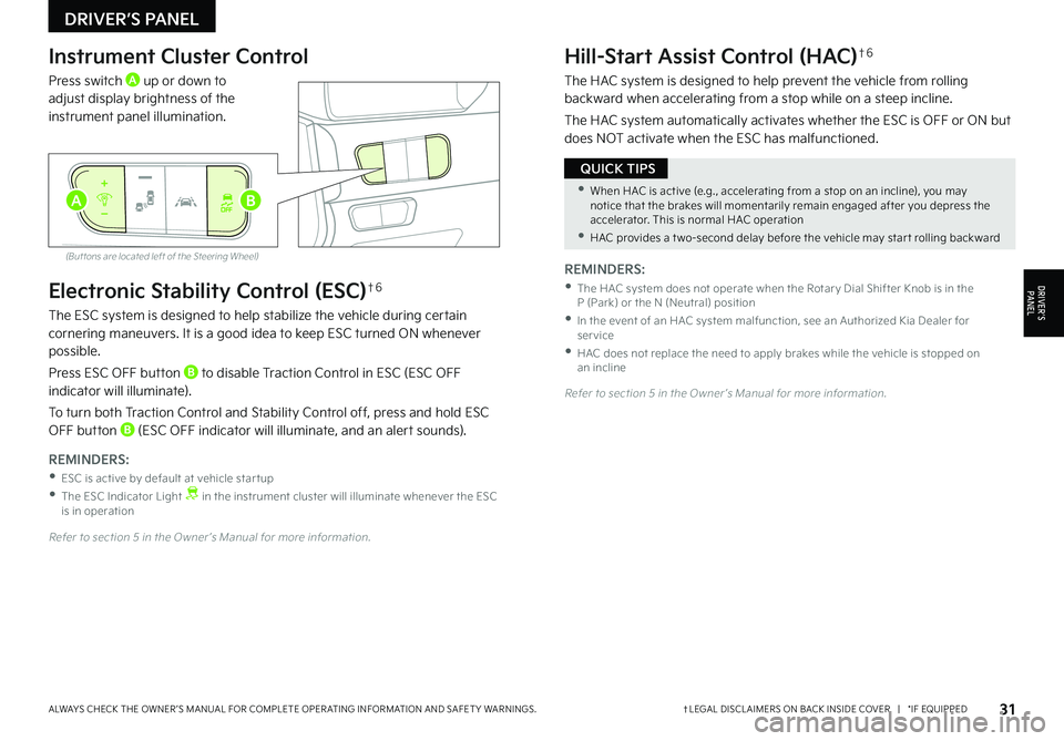 KIA NIRO EV 2022 Features and Functions Guide 31†LEGAL DISCL AIMERS ON BACK INSIDE COVER | *IF EQUIPPEDALWAYS CHECK THE OWNER ’S MANUAL FOR COMPLETE OPER ATING INFORMATION AND SAFET Y WARNINGS .
Electronic Stability Control (ESC)†6
The KIA NIRO EV 2022 Features and Functions Guide 31†LEGAL DISCL AIMERS ON BACK INSIDE COVER | *IF EQUIPPEDALWAYS CHECK THE OWNER ’S MANUAL FOR COMPLETE OPER ATING INFORMATION AND SAFET Y WARNINGS .
Electronic Stability Control (ESC)†6
The
