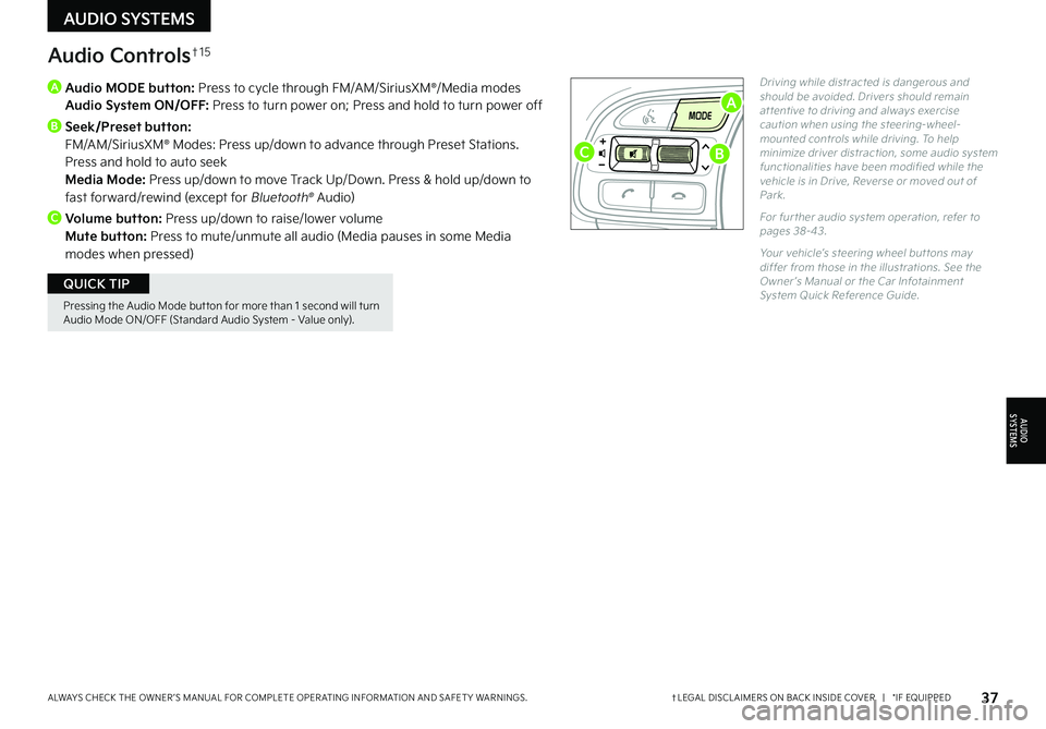 KIA NIRO EV 2022 Features and Functions Guide 37†LEGAL DISCL AIMERS ON BACK INSIDE COVER | *IF EQUIPPEDALWAYS CHECK THE OWNER ’S MANUAL FOR COMPLETE OPER ATING INFORMATION AND SAFET Y WARNINGS .
A
Audio MODE button: Press to cycle thro KIA NIRO EV 2022 Features and Functions Guide 37†LEGAL DISCL AIMERS ON BACK INSIDE COVER | *IF EQUIPPEDALWAYS CHECK THE OWNER ’S MANUAL FOR COMPLETE OPER ATING INFORMATION AND SAFET Y WARNINGS .
A
Audio MODE button: Press to cycle thro