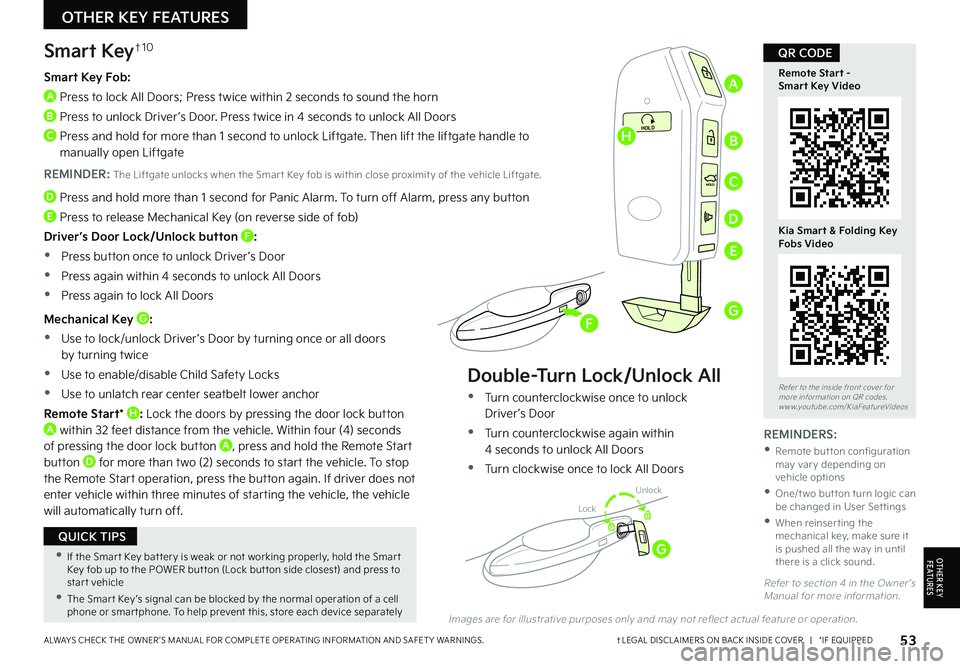 KIA NIRO EV 2022 Features and Functions Guide 53†LEGAL DISCL AIMERS ON BACK INSIDE COVER | *IF EQUIPPEDALWAYS CHECK THE OWNER ’S MANUAL FOR COMPLETE OPER ATING INFORMATION AND SAFET Y WARNINGS .
Refer to the inside front cover for more KIA NIRO EV 2022 Features and Functions Guide 53†LEGAL DISCL AIMERS ON BACK INSIDE COVER | *IF EQUIPPEDALWAYS CHECK THE OWNER ’S MANUAL FOR COMPLETE OPER ATING INFORMATION AND SAFET Y WARNINGS .
Refer to the inside front cover for more