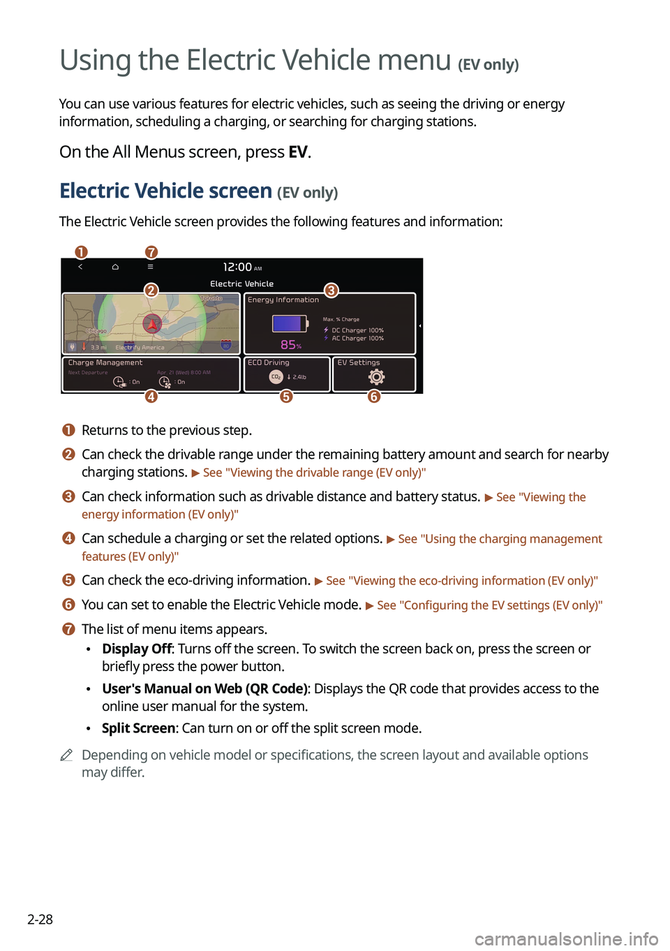 KIA NIRO EV 2022  Navigation System Quick Reference Guide 2-28
Using the Electric Vehicle menu (EV only)
You can use various features for electric vehicles, such as seeing the driving or energy 
information, scheduling a charging, or searching for charging s