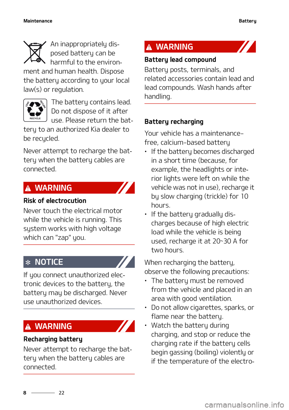 KIA NIRO EV 2021  Owners Manual �.�B�J�O�U�F�O�B�O�D�F
��
�
�#�B�U�U�F�S�Z
�"�O��J�O�B�Q�Q�S�P�Q�S�J�B�U�F�M�Z��E�J�T-
�Q�P�T�F�E��C�B�U�U�F�S�Z��D�B�O��C�F�
�I�B�S�N�G�V�M��U�P��U�I�F��F�O�W�J�S�P�O
-
�N�F�O�U��B�O�E�