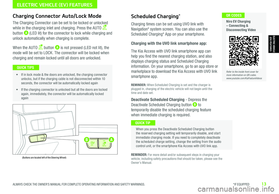 KIA NIRO EV 2021  Features and Functions Guide ALWAYS CHECK THE OWNER’S MANUAL FOR COMPLETE OPER ATING INFORMATION AND SAFET Y WARNINGS.  *IF EQUIPPED13
Refer to the inside front cover for more information on QR codes.www.youtube.com/KiaFeatureV