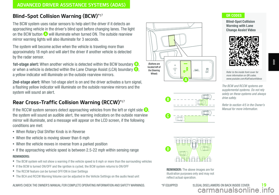 KIA NIRO EV 2021  Features and Functions Guide ALWAYS CHECK THE OWNER’S MANUAL FOR COMPLETE OPER ATING INFORMATION AND SAFET Y WARNINGS.  *IF EQUIPPED                     †LEGAL DISCL AIMERS ON BACK INSIDE COVER19
Blind-Spot Collision Warning 