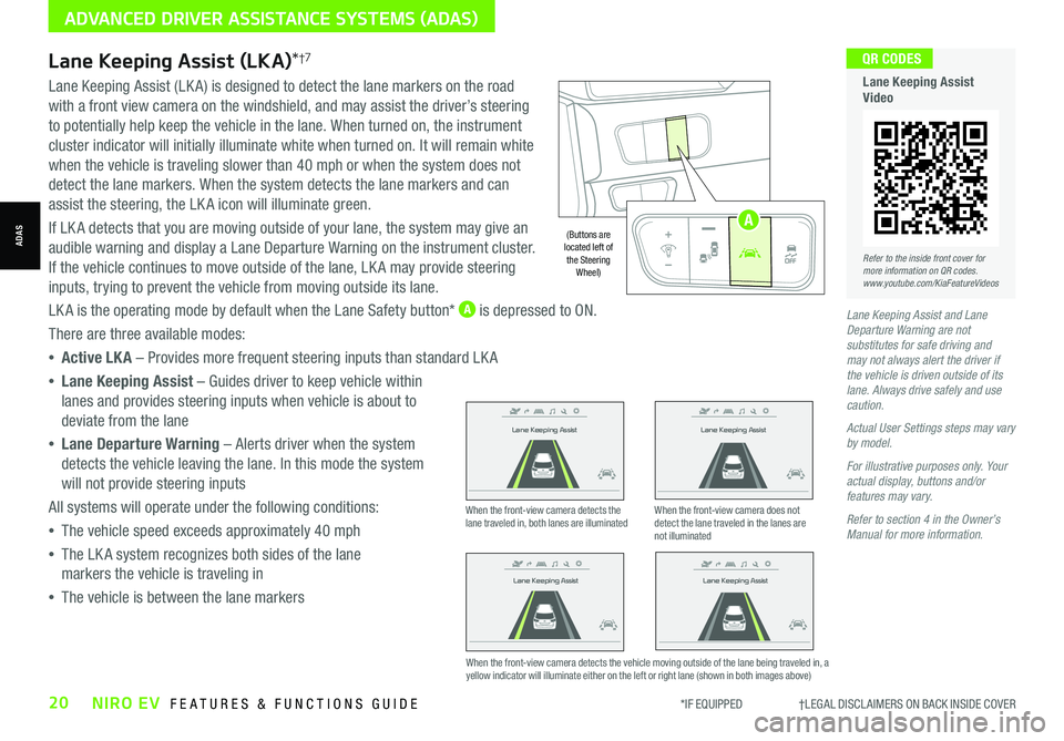 KIA NIRO EV 2021  Features and Functions Guide *IF EQUIPPED                     †LEGAL DISCL AIMERS ON BACK INSIDE COVER20NIRO EV  FEATURES & FUNCTIONS GUIDE
Lane Keeping Assist and Lane Departure Warning are not substitutes for safe driving and