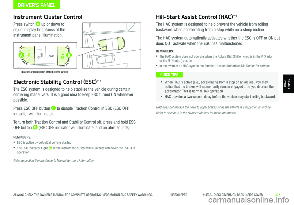 KIA NIRO EV 2021  Features and Functions Guide ALWAYS CHECK THE OWNER’S MANUAL FOR COMPLETE OPER ATING INFORMATION AND SAFET Y WARNINGS.  *IF EQUIPPED                     †LEGAL DISCL AIMERS ON BACK INSIDE COVER27
Electronic Stability Control 