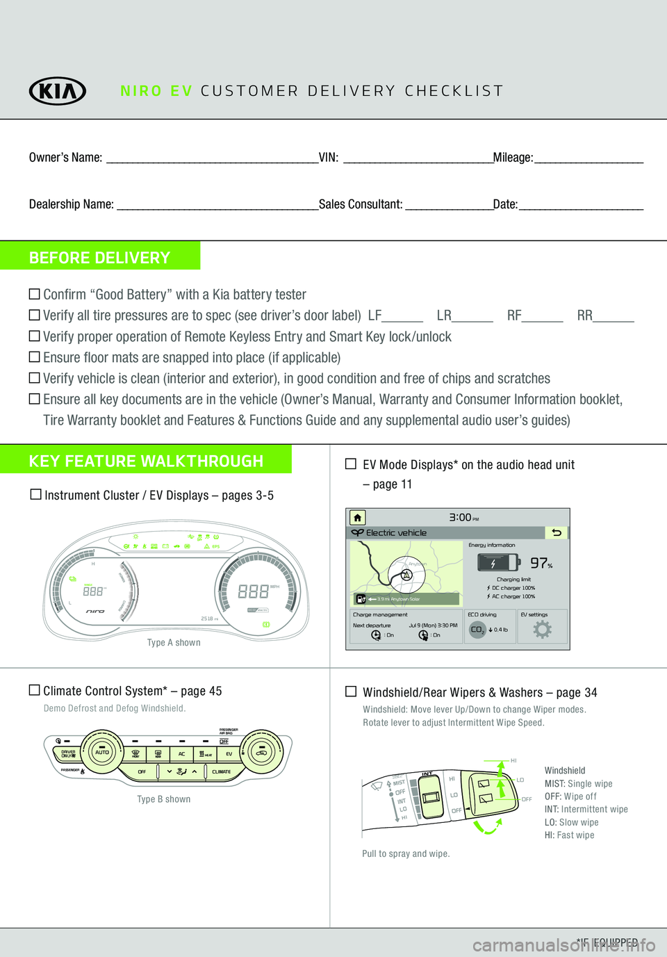 KIA NIRO EV 2021 Features and Functions Guide OFF
LO
HI
*IF EQUIPPED
BEFORE DELIVERYOwner’s Name:
_________________________________________
VIN:
_____________________________
Mileage:
_____________________
Dealership Name:
_______________ KIA NIRO EV 2021 Features and Functions Guide OFF
LO
HI
*IF EQUIPPED
BEFORE DELIVERYOwner’s Name:
_________________________________________
VIN:
_____________________________
Mileage:
_____________________
Dealership Name:
_______________