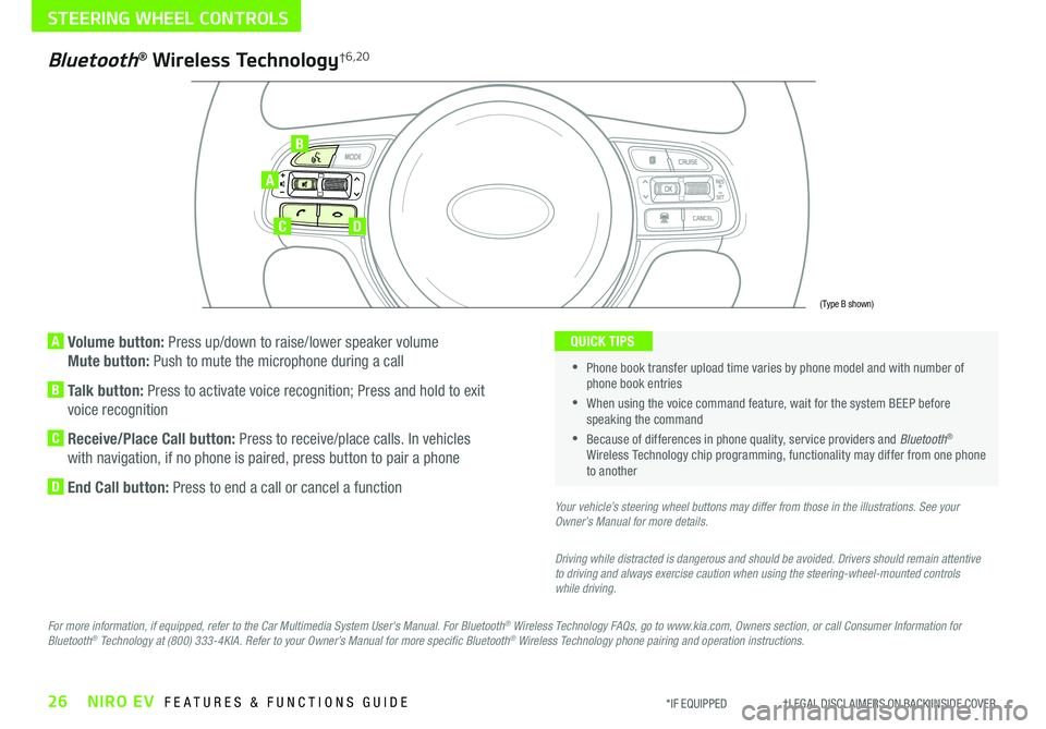KIA NIRO EV 2020 Features and Functions Guide 26NIRO EV FEATURES & FUNCTIONS GUIDE*IF EQUIPPED †LEGAL DISCL AIMERS ON BACK INSIDE COVER
A Volume button: Press up/down to raise/lower speaker volume
Mute button: Push to mut KIA NIRO EV 2020 Features and Functions Guide 26NIRO EV FEATURES & FUNCTIONS GUIDE*IF EQUIPPED †LEGAL DISCL AIMERS ON BACK INSIDE COVER
A Volume button: Press up/down to raise/lower speaker volume
Mute button: Push to mut