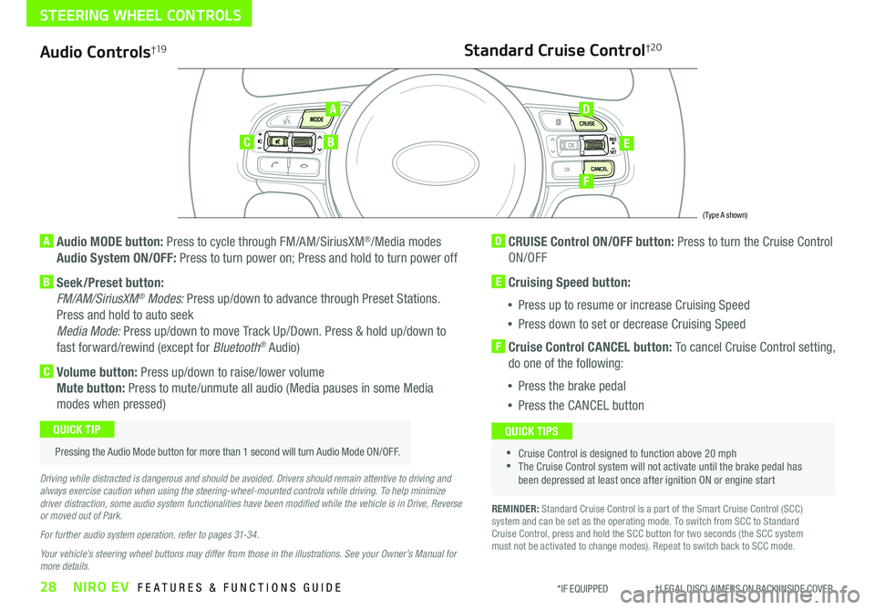 KIA NIRO EV 2020 Features and Functions Guide 28NIRO EV FEATURES & FUNCTIONS GUIDE*IF EQUIPPED †LEGAL DISCL AIMERS ON BACK INSIDE COVER
Audio Controls†19
AD
E
F
CB
Standard Cruise Control†2 0
A Audio MODE button: Press KIA NIRO EV 2020 Features and Functions Guide 28NIRO EV FEATURES & FUNCTIONS GUIDE*IF EQUIPPED †LEGAL DISCL AIMERS ON BACK INSIDE COVER
Audio Controls†19
AD
E
F
CB
Standard Cruise Control†2 0
A Audio MODE button: Press
