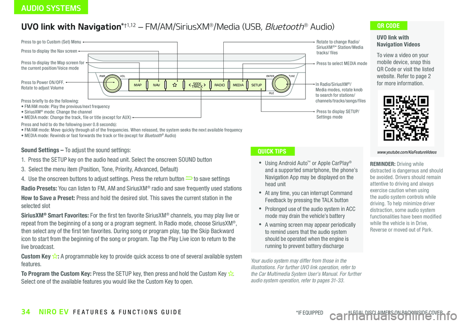 KIA NIRO EV 2020 Features and Functions Guide 34NIRO EV FEATURES & FUNCTIONS GUIDE*IF EQUIPPED †LEGAL DISCL AIMERS ON BACK INSIDE COVER
ENTER
PWR VOL
FILE
TUNE
MAPN AV RADIOMEDIA SETUPSEEK
TRACKIn Radio/SiriusXM®/ Media mo KIA NIRO EV 2020 Features and Functions Guide 34NIRO EV FEATURES & FUNCTIONS GUIDE*IF EQUIPPED †LEGAL DISCL AIMERS ON BACK INSIDE COVER
ENTER
PWR VOL
FILE
TUNE
MAPN AV RADIOMEDIA SETUPSEEK
TRACKIn Radio/SiriusXM®/ Media mo