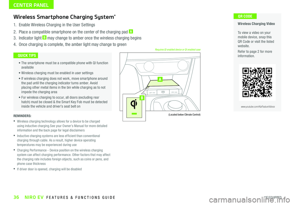 KIA NIRO EV 2020 Features and Functions Guide REMINDERS:
• Wireless charging technology allows for a device to be charged using inductive charging .See your Owner’s Manual for more detailed information and the back page for legal disclaimer KIA NIRO EV 2020 Features and Functions Guide REMINDERS:
• Wireless charging technology allows for a device to be charged using inductive charging .See your Owner’s Manual for more detailed information and the back page for legal disclaimer