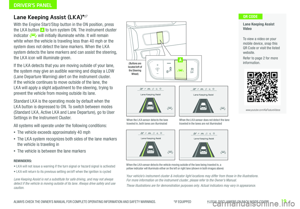 KIA NIRO EV 2019 Features and Functions Guide 19ALWAYS CHECK THE OWNER’S MANUAL FOR COMPLETE OPER ATING INFORMATION AND SAFET Y WARNINGS . *IF EQUIPPED †LEGAL DISCL AIMERS ON BACK INSIDE COVER
Lane Keeping Assist
Lane Kee KIA NIRO EV 2019 Features and Functions Guide 19ALWAYS CHECK THE OWNER’S MANUAL FOR COMPLETE OPER ATING INFORMATION AND SAFET Y WARNINGS . *IF EQUIPPED †LEGAL DISCL AIMERS ON BACK INSIDE COVER
Lane Keeping Assist
Lane Kee