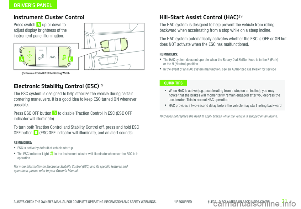 KIA NIRO EV 2019 Features and Functions Guide 21ALWAYS CHECK THE OWNER’S MANUAL FOR COMPLETE OPER ATING INFORMATION AND SAFET Y WARNINGS . *IF EQUIPPED †LEGAL DISCL AIMERS ON BACK INSIDE COVER
Electronic Stability Control KIA NIRO EV 2019 Features and Functions Guide 21ALWAYS CHECK THE OWNER’S MANUAL FOR COMPLETE OPER ATING INFORMATION AND SAFET Y WARNINGS . *IF EQUIPPED †LEGAL DISCL AIMERS ON BACK INSIDE COVER
Electronic Stability Control
