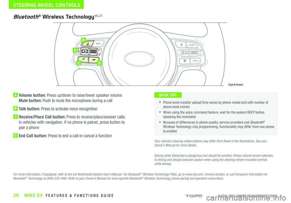 KIA NIRO EV 2019 Features and Functions Guide 26NIRO EV FEATURES & FUNCTIONS GUIDE*IF EQUIPPED †LEGAL DISCL AIMERS ON BACK INSIDE COVER
A Volume button: Press up/down to raise/lower speaker volume
Mute button: Push to mut KIA NIRO EV 2019 Features and Functions Guide 26NIRO EV FEATURES & FUNCTIONS GUIDE*IF EQUIPPED †LEGAL DISCL AIMERS ON BACK INSIDE COVER
A Volume button: Press up/down to raise/lower speaker volume
Mute button: Push to mut