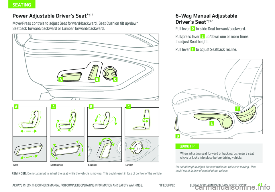 KIA NIRO EV 2019 Features and Functions Guide 41ALWAYS CHECK THE OWNER’S MANUAL FOR COMPLETE OPER ATING INFORMATION AND SAFET Y WARNINGS . *IF EQUIPPED †LEGAL DISCL AIMERS ON BACK INSIDE COVER
SEATING
D
E
F
SeatbackLumbarS KIA NIRO EV 2019 Features and Functions Guide 41ALWAYS CHECK THE OWNER’S MANUAL FOR COMPLETE OPER ATING INFORMATION AND SAFET Y WARNINGS . *IF EQUIPPED †LEGAL DISCL AIMERS ON BACK INSIDE COVER
SEATING
D
E
F
SeatbackLumbarS
