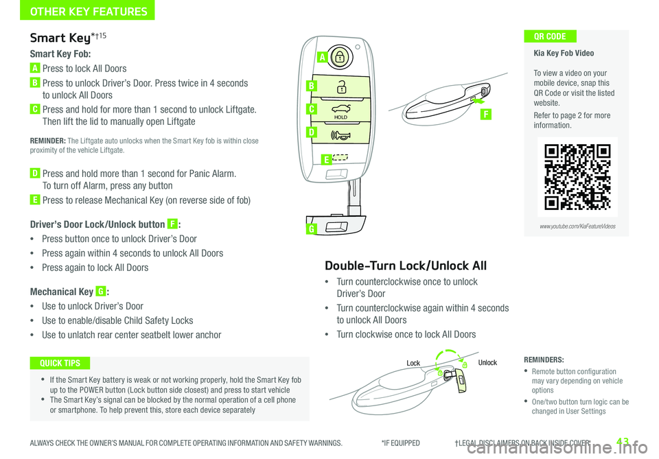 KIA NIRO EV 2019 Features and Functions Guide 43ALWAYS CHECK THE OWNER’S MANUAL FOR COMPLETE OPER ATING INFORMATION AND SAFET Y WARNINGS . *IF EQUIPPED †LEGAL DISCL AIMERS ON BACK INSIDE COVER
OTHER KEY FEATURES
Smart Key* KIA NIRO EV 2019 Features and Functions Guide 43ALWAYS CHECK THE OWNER’S MANUAL FOR COMPLETE OPER ATING INFORMATION AND SAFET Y WARNINGS . *IF EQUIPPED †LEGAL DISCL AIMERS ON BACK INSIDE COVER
OTHER KEY FEATURES
Smart Key*