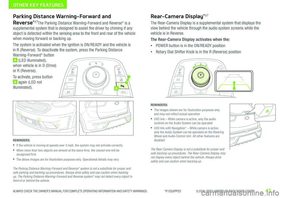 KIA NIRO EV 2019 Features and Functions Guide 45ALWAYS CHECK THE OWNER’S MANUAL FOR COMPLETE OPER ATING INFORMATION AND SAFET Y WARNINGS . *IF EQUIPPED †LEGAL DISCL AIMERS ON BACK INSIDE COVER
N
PRELEASE
AUTO
HOLD
D
R
DRI KIA NIRO EV 2019 Features and Functions Guide 45ALWAYS CHECK THE OWNER’S MANUAL FOR COMPLETE OPER ATING INFORMATION AND SAFET Y WARNINGS . *IF EQUIPPED †LEGAL DISCL AIMERS ON BACK INSIDE COVER
N
PRELEASE
AUTO
HOLD
D
R
DRI
