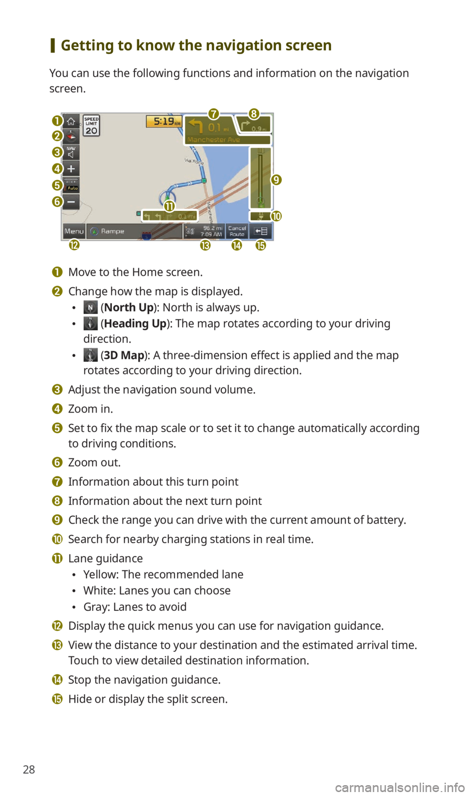 KIA NIRO EV 2019 Navigation System Quick Reference Guide 28
[Getting to know the navigation screen
You can use the following functions and information on the navigation
screen.
a
b
c
d
e
f
lmno
k
gh
i
j
a Move to the Home screen.
b Change how the map is d KIA NIRO EV 2019 Navigation System Quick Reference Guide 28
[Getting to know the navigation screen
You can use the following functions and information on the navigation
screen.
a
b
c
d
e
f
lmno
k
gh
i
j
a Move to the Home screen.
b Change how the map is d