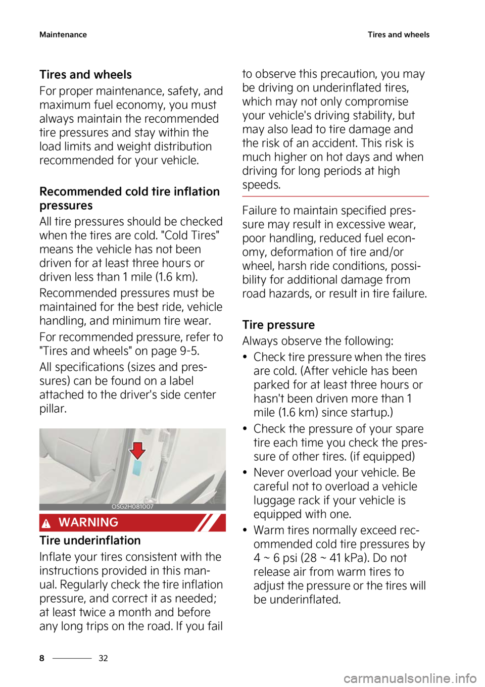KIA NIRO 2023  Owners Manual �.�B�J�O�U�F�O�B�O�D�F
��
�
�5�J�S�F�T��B�O�E��X�I�F�F�M�T
�5�J�S�F�T��B�O�E��X�I�F�F�M�T
��P�S��Q�S�P�Q�F�S��N�B�J�O�U�F�O�B�O�D�F�
��T�B�G�F�U�Z�
��B�O�E�
�N�B�Y�J�N�V�N��G�V�F�M��F�D