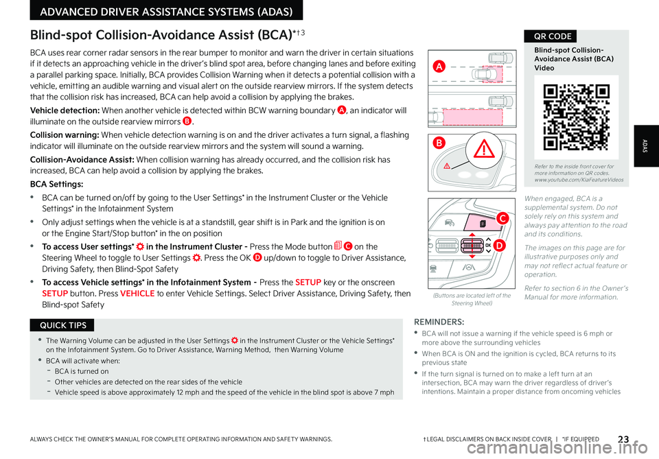 KIA NIRO 2023 Features and Functions Guide 23†LEGAL DISCL AIMERS ON BACK INSIDE COVER | *IF EQUIPPEDALWAYS CHECK THE OWNER ’S MANUAL FOR COMPLETE OPER ATING INFORMATION AND SAFET Y WARNINGS
ADAS
ADVANCED DRIVER ASSISTANCE SYSTEMS (AD KIA NIRO 2023 Features and Functions Guide 23†LEGAL DISCL AIMERS ON BACK INSIDE COVER | *IF EQUIPPEDALWAYS CHECK THE OWNER ’S MANUAL FOR COMPLETE OPER ATING INFORMATION AND SAFET Y WARNINGS
ADAS
ADVANCED DRIVER ASSISTANCE SYSTEMS (AD