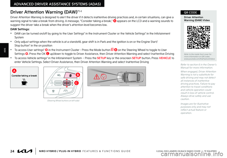 KIA NIRO 2023 Features and Functions Guide 24†LEGAL DISCL AIMERS ON BACK INSIDE COVER | *IF EQUIPPEDNIRO HYBRID / PLUG-IN HYBRID FEATURES & FUNCTIONS GUIDE
Refer to section 6 in the Owner ’s Manual for more information
When engaged, KIA NIRO 2023 Features and Functions Guide 24†LEGAL DISCL AIMERS ON BACK INSIDE COVER | *IF EQUIPPEDNIRO HYBRID / PLUG-IN HYBRID FEATURES & FUNCTIONS GUIDE
Refer to section 6 in the Owner ’s Manual for more information
When engaged,