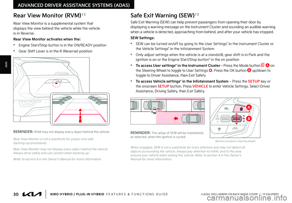 KIA NIRO 2023 Features and Functions Guide 30†LEGAL DISCL AIMERS ON BACK INSIDE COVER | *IF EQUIPPEDNIRO HYBRID / PLUG-IN HYBRID FEATURES & FUNCTIONS GUIDE
Rear View Monitor is a supplemental system that displays the view behind the ve KIA NIRO 2023 Features and Functions Guide 30†LEGAL DISCL AIMERS ON BACK INSIDE COVER | *IF EQUIPPEDNIRO HYBRID / PLUG-IN HYBRID FEATURES & FUNCTIONS GUIDE
Rear View Monitor is a supplemental system that displays the view behind the ve