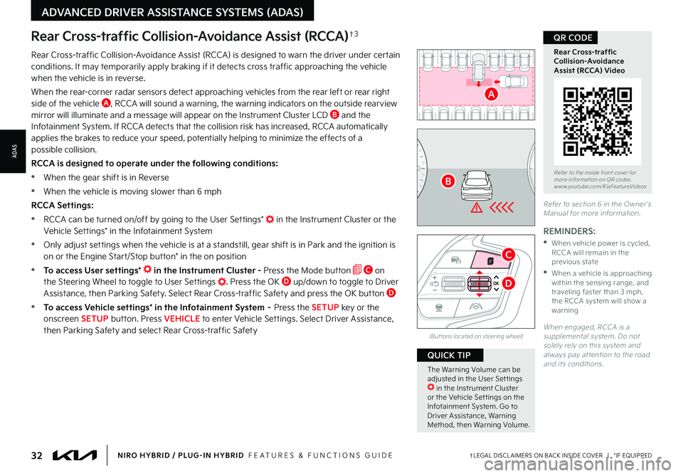 KIA NIRO 2023 Features and Functions Guide Rear Cross-traffic Collision-Avoidance Assist (RCCA)†3
REMINDERS:
•
When vehicle power is cycled, RCCA will remain in the previous state
•
When a vehicle is approaching within the sensing r KIA NIRO 2023 Features and Functions Guide Rear Cross-traffic Collision-Avoidance Assist (RCCA)†3
REMINDERS:
•
When vehicle power is cycled, RCCA will remain in the previous state
•
When a vehicle is approaching within the sensing r