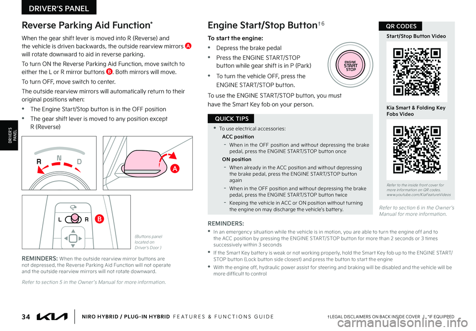 KIA NIRO 2023 Features and Functions Guide 34†LEGAL DISCL AIMERS ON BACK INSIDE COVER | *IF EQUIPPEDNIRO HYBRID / PLUG-IN HYBRID FEATURES & FUNCTIONS GUIDE
•To use electrical accessories:
ACC position
-When in the OFF position and w KIA NIRO 2023 Features and Functions Guide 34†LEGAL DISCL AIMERS ON BACK INSIDE COVER | *IF EQUIPPEDNIRO HYBRID / PLUG-IN HYBRID FEATURES & FUNCTIONS GUIDE
•To use electrical accessories:
ACC position
-When in the OFF position and w