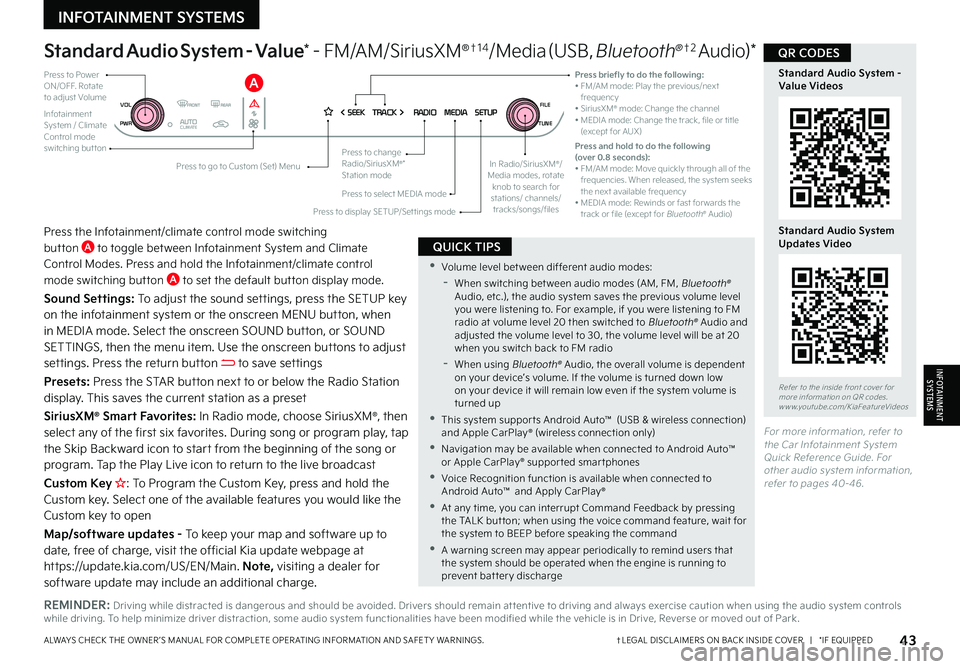 KIA NIRO 2023 Features and Functions Guide 43†LEGAL DISCL AIMERS ON BACK INSIDE COVER | *IF EQUIPPEDALWAYS CHECK THE OWNER ’S MANUAL FOR COMPLETE OPER ATING INFORMATION AND SAFET Y WARNINGS
INFOTAINMENTSYSTEMS
INFOTAINMENT SYSTEMS
St KIA NIRO 2023 Features and Functions Guide 43†LEGAL DISCL AIMERS ON BACK INSIDE COVER | *IF EQUIPPEDALWAYS CHECK THE OWNER ’S MANUAL FOR COMPLETE OPER ATING INFORMATION AND SAFET Y WARNINGS
INFOTAINMENTSYSTEMS
INFOTAINMENT SYSTEMS
St