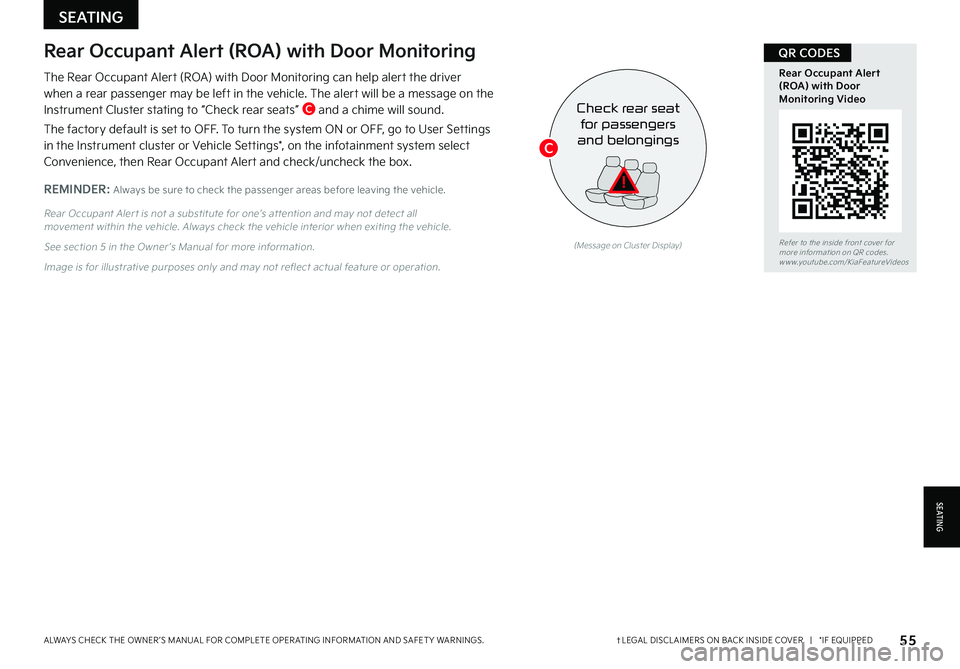 KIA NIRO 2023  Features and Functions Guide 55†LEGAL DISCL AIMERS ON BACK INSIDE COVER   |   *IF EQUIPPEDALWAYS CHECK THE OWNER ’S MANUAL FOR COMPLETE OPER ATING INFORMATION AND SAFET Y WARNINGS  
Rear Occupant Alert (ROA) with Door Monitor