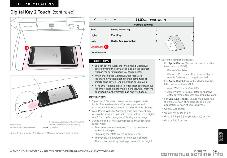 KIA NIRO 2023 Features and Functions Guide 59*IF EQUIPPEDALWAYS CHECK THE OWNER ’S MANUAL FOR COMPLETE OPER ATING INFORMATION AND SAFET Y WARNINGS
Digital Key 2 Touch* (continued)
•You can set the Access for the Shared Digital Key befor KIA NIRO 2023 Features and Functions Guide 59*IF EQUIPPEDALWAYS CHECK THE OWNER ’S MANUAL FOR COMPLETE OPER ATING INFORMATION AND SAFET Y WARNINGS
Digital Key 2 Touch* (continued)
•You can set the Access for the Shared Digital Key befor