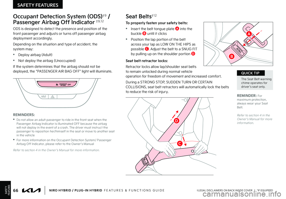 KIA NIRO 2023 Features and Functions Guide 66†LEGAL DISCL AIMERS ON BACK INSIDE COVER | *IF EQUIPPEDNIRO HYBRID / PLUG-IN HYBRID FEATURES & FUNCTIONS GUIDESAFETYF E AT U R E S
SAFETY FEATURES
The Seat Belt warning chime operates for dri KIA NIRO 2023 Features and Functions Guide 66†LEGAL DISCL AIMERS ON BACK INSIDE COVER | *IF EQUIPPEDNIRO HYBRID / PLUG-IN HYBRID FEATURES & FUNCTIONS GUIDESAFETYF E AT U R E S
SAFETY FEATURES
The Seat Belt warning chime operates for dri