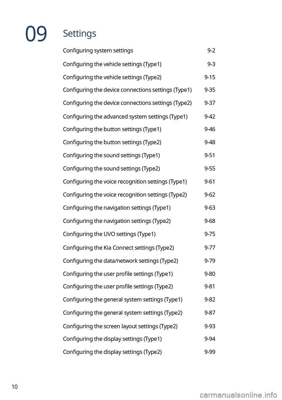 KIA NIRO 2023 Navigation System Quick Reference Guide 10
09 Settings
Configuring system settings 9-2
Configuring the vehicle settings (Type1) 9-3
Configuring the vehicle settings (Type2) 9-15
Configuring the device connections settings (Type1) 9-35
Co KIA NIRO 2023 Navigation System Quick Reference Guide 10
09 Settings
Configuring system settings 9-2
Configuring the vehicle settings (Type1) 9-3
Configuring the vehicle settings (Type2) 9-15
Configuring the device connections settings (Type1) 9-35
Co