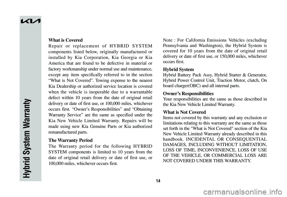 KIA NIRO 2023  Warranty and Consumer Information Guide 14Hybrid System Warranty
What is Covered
Repair or replacement of HYBRID SYSTEM 
components listed below, originally manufactured or 
installed by Kia Corporation, Kia Georgia or Kia 
America that are