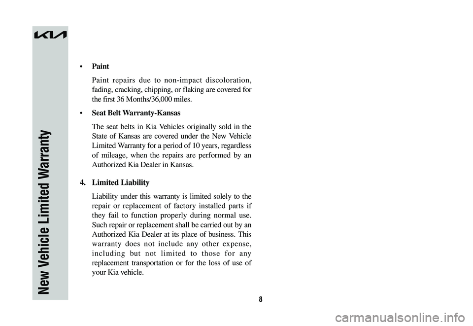 KIA NIRO 2023  Warranty and Consumer Information Guide 8New Vehicle Limited Warranty
•	Paint
 Paint repairs due to non-impact discoloration, 
fading, cracking, chipping, or flaking are covered for 
the first 36 Months/36,000 miles.
•	Seat Belt Warrant