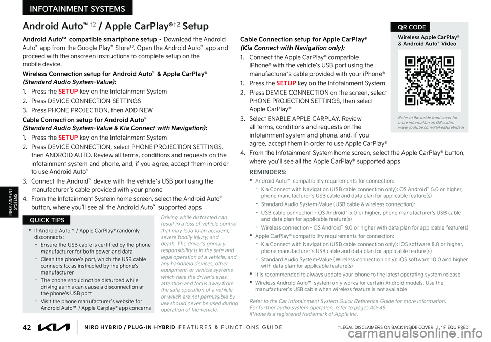 KIA NIRO 2022 Features and Functions Guide 42†LEGAL DISCL AIMERS ON BACK INSIDE COVER | *IF EQUIPPEDNIRO HYBRID / PLUG-IN HYBRID FEATURES & FUNCTIONS GUIDE
•If Android Auto™ / Apple CarPlay® randomly disconnects: -
Ensure the USB KIA NIRO 2022 Features and Functions Guide 42†LEGAL DISCL AIMERS ON BACK INSIDE COVER | *IF EQUIPPEDNIRO HYBRID / PLUG-IN HYBRID FEATURES & FUNCTIONS GUIDE
•If Android Auto™ / Apple CarPlay® randomly disconnects: -
Ensure the USB