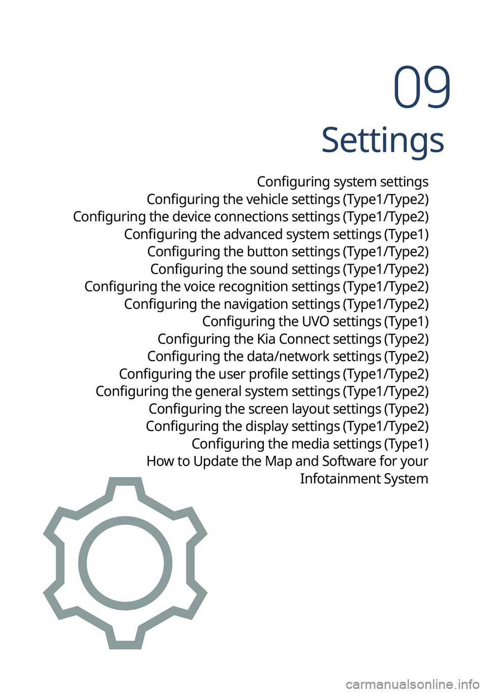 KIA NIRO 2022 Navigation System Quick Reference Guide Settings
Configuring system settings
Configuring the vehicle settings (Type1/ Type2)
Configuring the device connections settings (Type1/ Type2)
Configuring the advanced system settings (Type1) Confi KIA NIRO 2022 Navigation System Quick Reference Guide Settings
Configuring system settings
Configuring the vehicle settings (Type1/ Type2)
Configuring the device connections settings (Type1/ Type2)
Configuring the advanced system settings (Type1) Confi