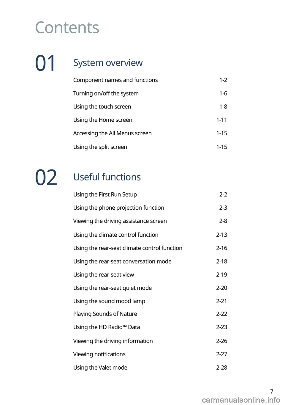 KIA NIRO 2022  Navigation System Quick Reference Guide 7
Contents
01  System overview
Component names and functions 1-2
Turning on/off the system 1-6
Using the touch screen 1-8
Using the Home screen 1-11
Accessing the All Menus screen 1-15
Using the split