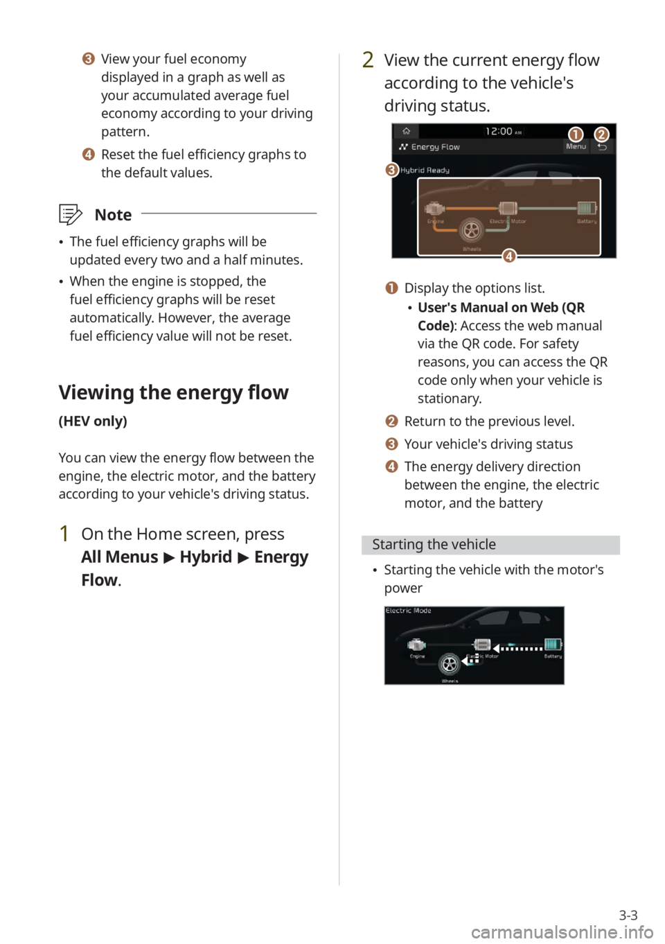 KIA NIRO 2022 Quick Start Guide Base Audio 3-3
c c View your fuel economy
displayed in a graph as well as
your accumulated average fuel
economy according to your driving
pattern.
d d Reset the fuel efficiency graphs to
the default values. KIA NIRO 2022 Quick Start Guide Base Audio 3-3
c c View your fuel economy
displayed in a graph as well as
your accumulated average fuel
economy according to your driving
pattern.
d d Reset the fuel efficiency graphs to
the default values.