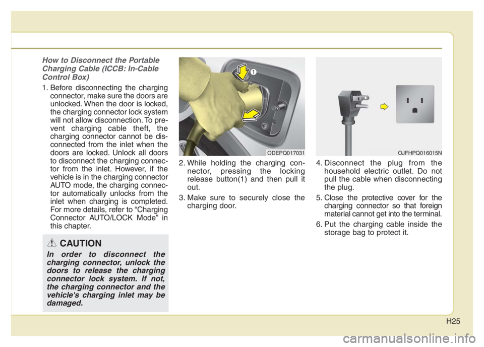 KIA NIRO 2021 Owners Manual H25
How to Disconnect the Portable
Charging Cable (ICCB: In-Cable
Control Box)
1. Before disconnecting the charging
connector, make sure the doors are
unlocked. When the door is locked,
the charging c
