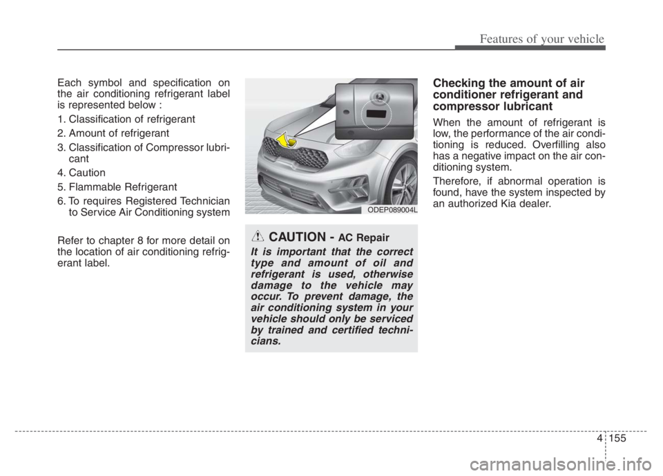 KIA NIRO 2021 Owners Manual 4155
Features of your vehicle
Each symbol and specification on
the air conditioning refrigerant label
is represented below :
1. Classification of refrigerant
2. Amount of refrigerant
3. Classification KIA NIRO 2021 Owners Manual 4155
Features of your vehicle
Each symbol and specification on
the air conditioning refrigerant label
is represented below :
1. Classification of refrigerant
2. Amount of refrigerant
3. Classification