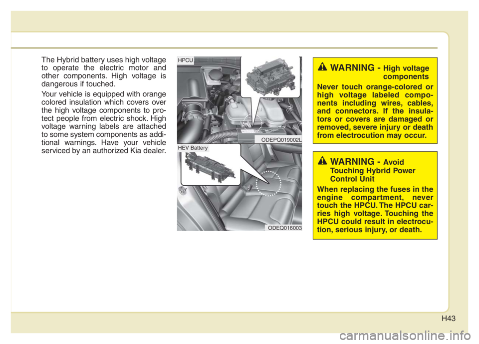 KIA NIRO 2021 Service Manual H43
The Hybrid battery uses high voltage
to operate the electric motor and
other components. High voltage is
dangerous if touched.
Your vehicle is equipped with orange
colored insulation which covers KIA NIRO 2021 Service Manual H43
The Hybrid battery uses high voltage
to operate the electric motor and
other components. High voltage is
dangerous if touched.
Your vehicle is equipped with orange
colored insulation which covers